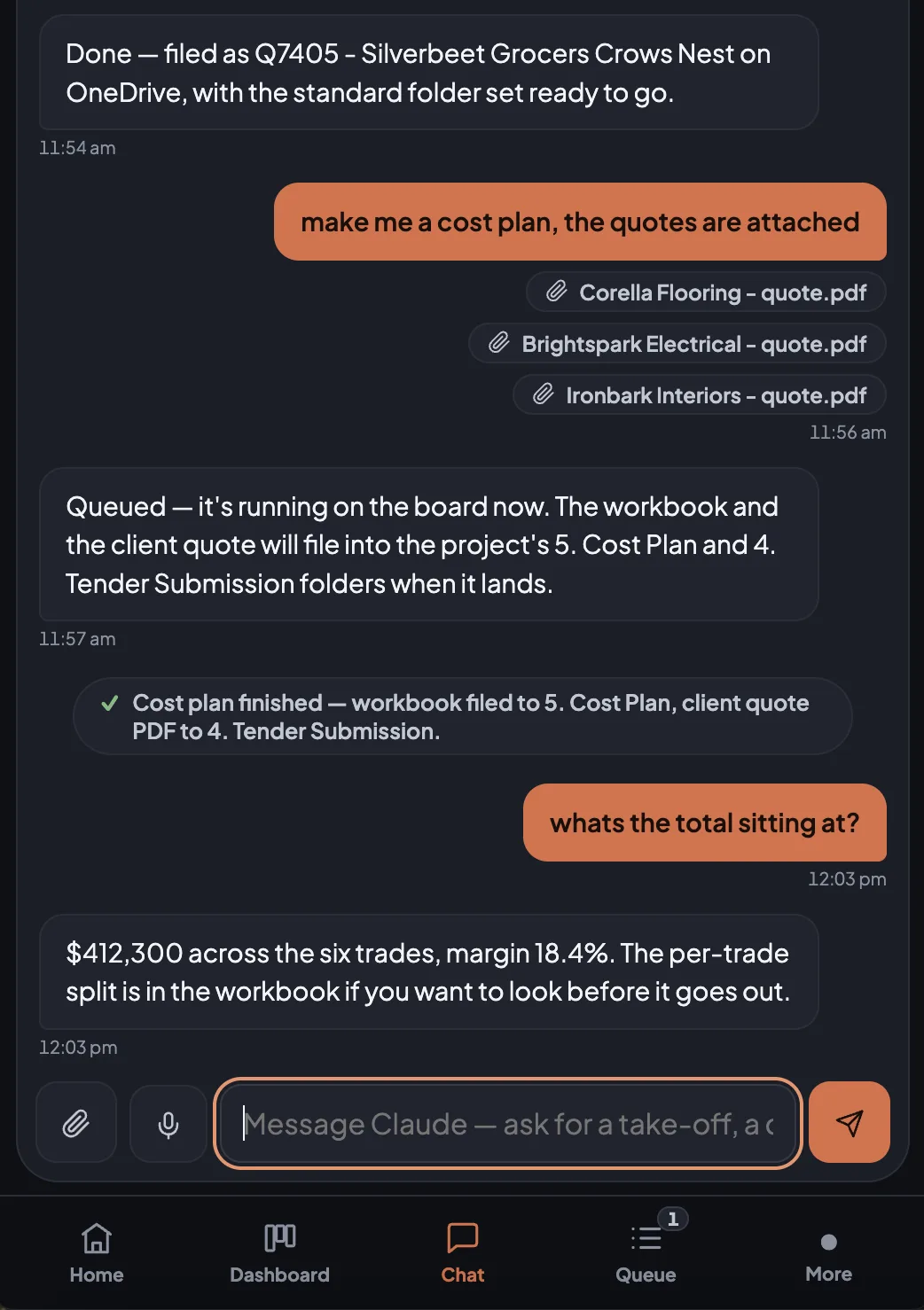 The same operations chat on a phone: a project filed, a cost plan built from three attached quotes and filed, and its total reported, timestamped through the morning