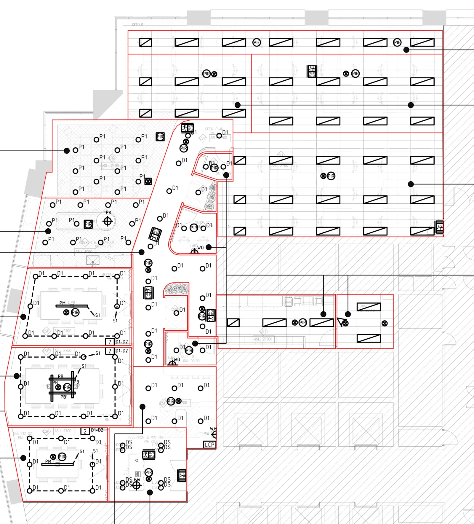 Electrical lighting layout for Level 9, 2 Park Street Sydney, being counted by the take-off reader
